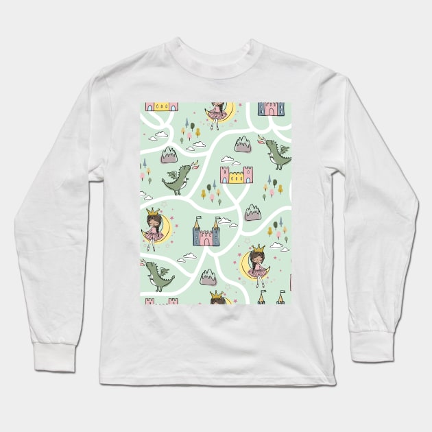 Childish seamless pattern with princess and dragon green background Long Sleeve T-Shirt by Arch4Design